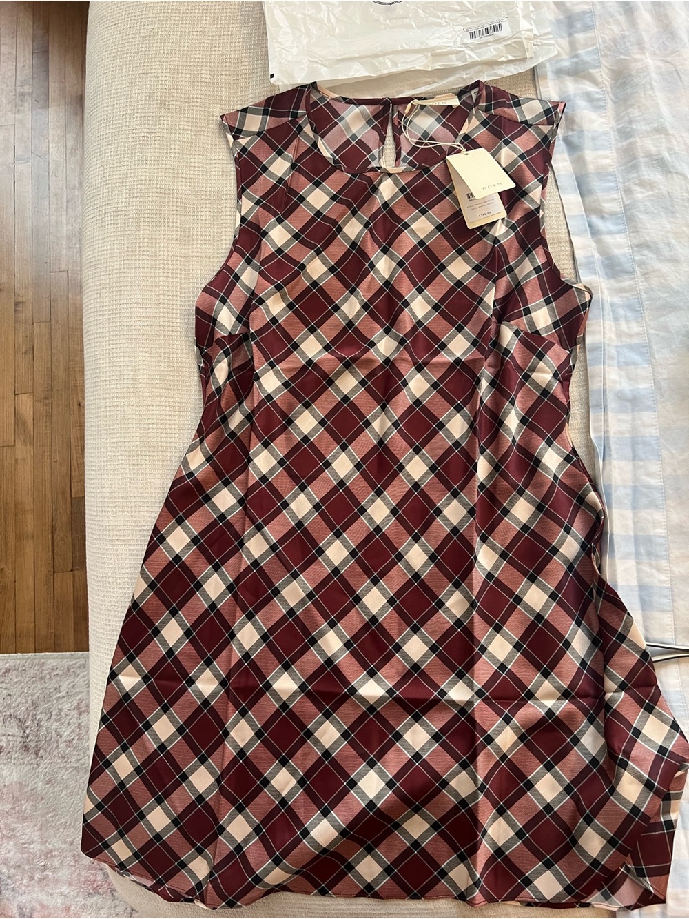 Plaid Sleeveless Shift Dress - Burgundy Check